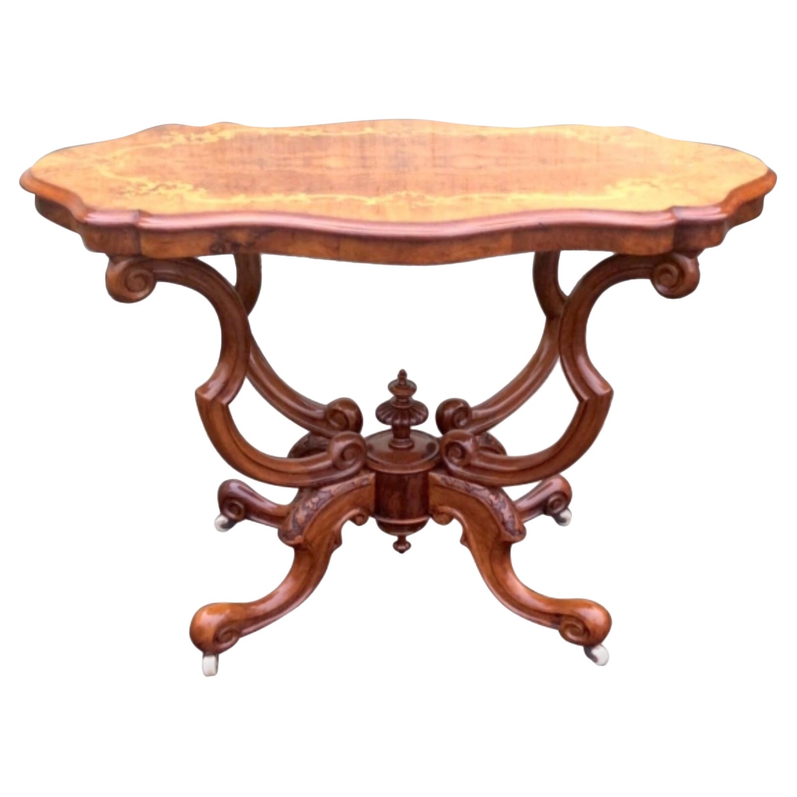 Antique Marquetry Inlaid Burr Walnut Window Table, Occasional Table For Sale