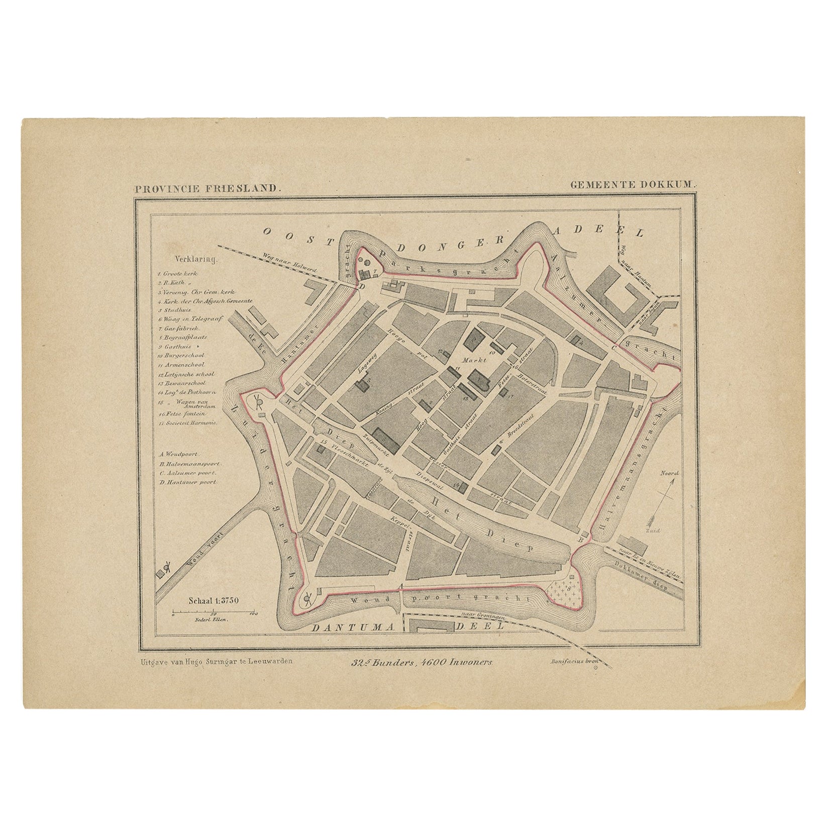 Carte ancienne de Dokkum, ville du Friesland, Pays-Bas, 1868