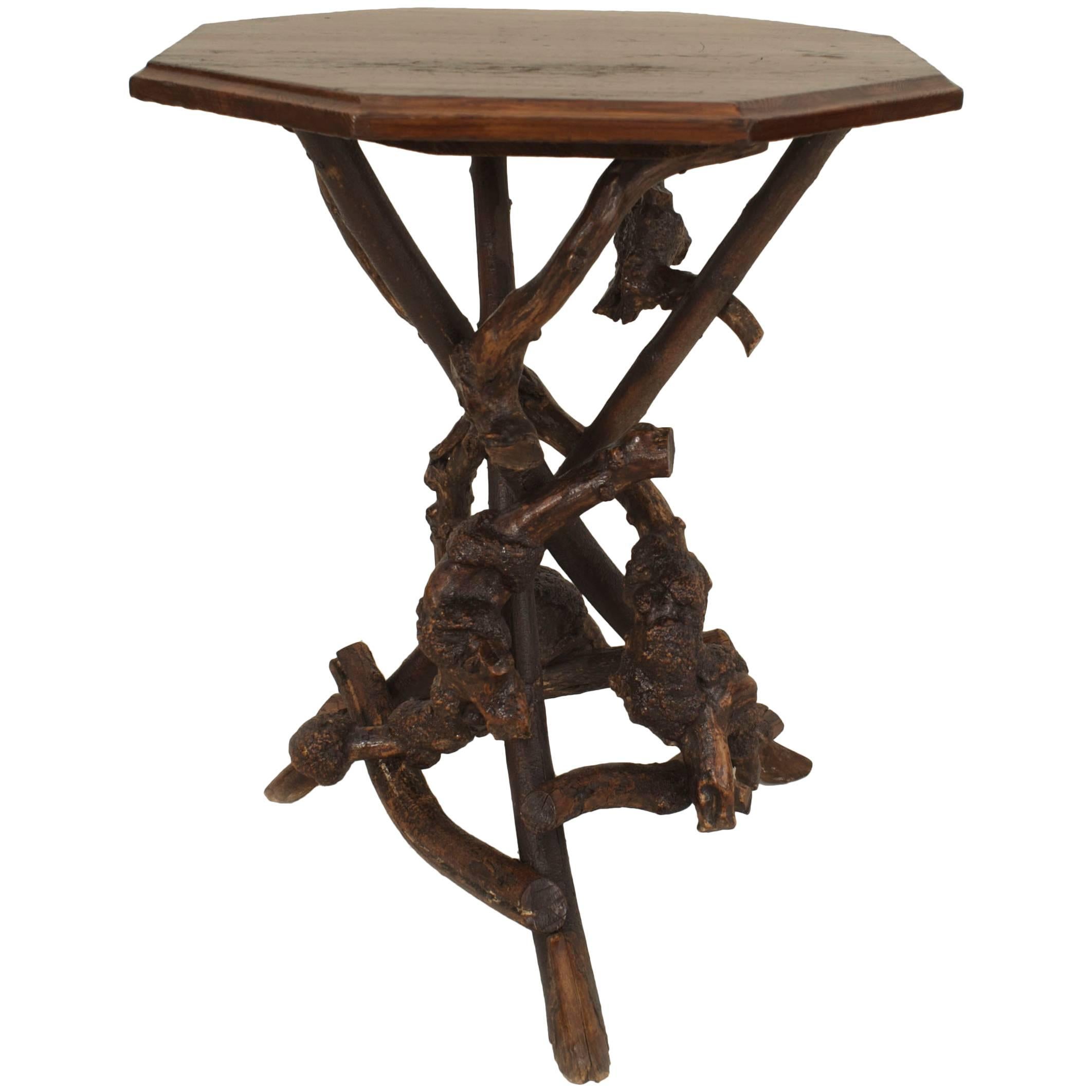 1920s American Rustic Adirondack Oak End Table with Twig and Root Base