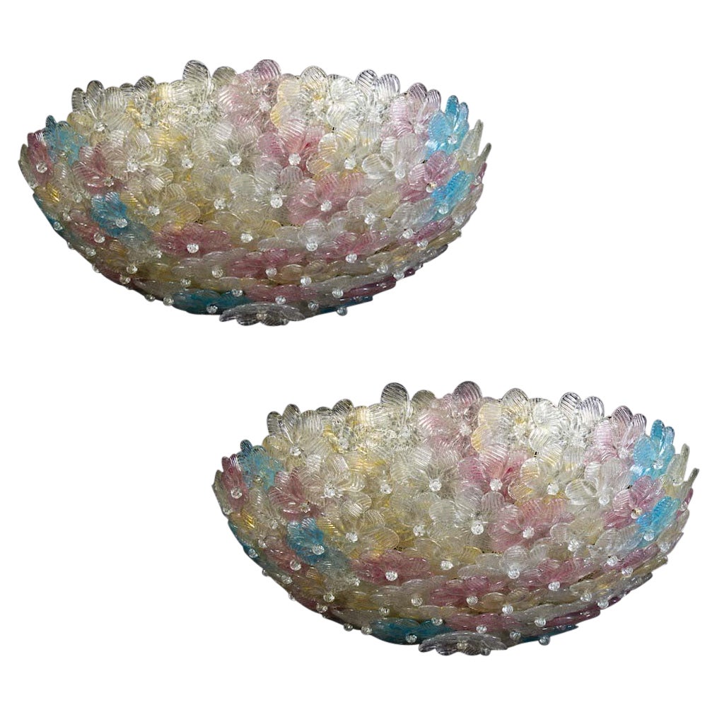 Pair of Delicious Murano Glass Multicolor Flowers Basket Ceiling Lights, 1960'