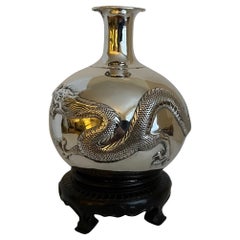 Chinese Export Silver Dragon Bud Vase on Stand