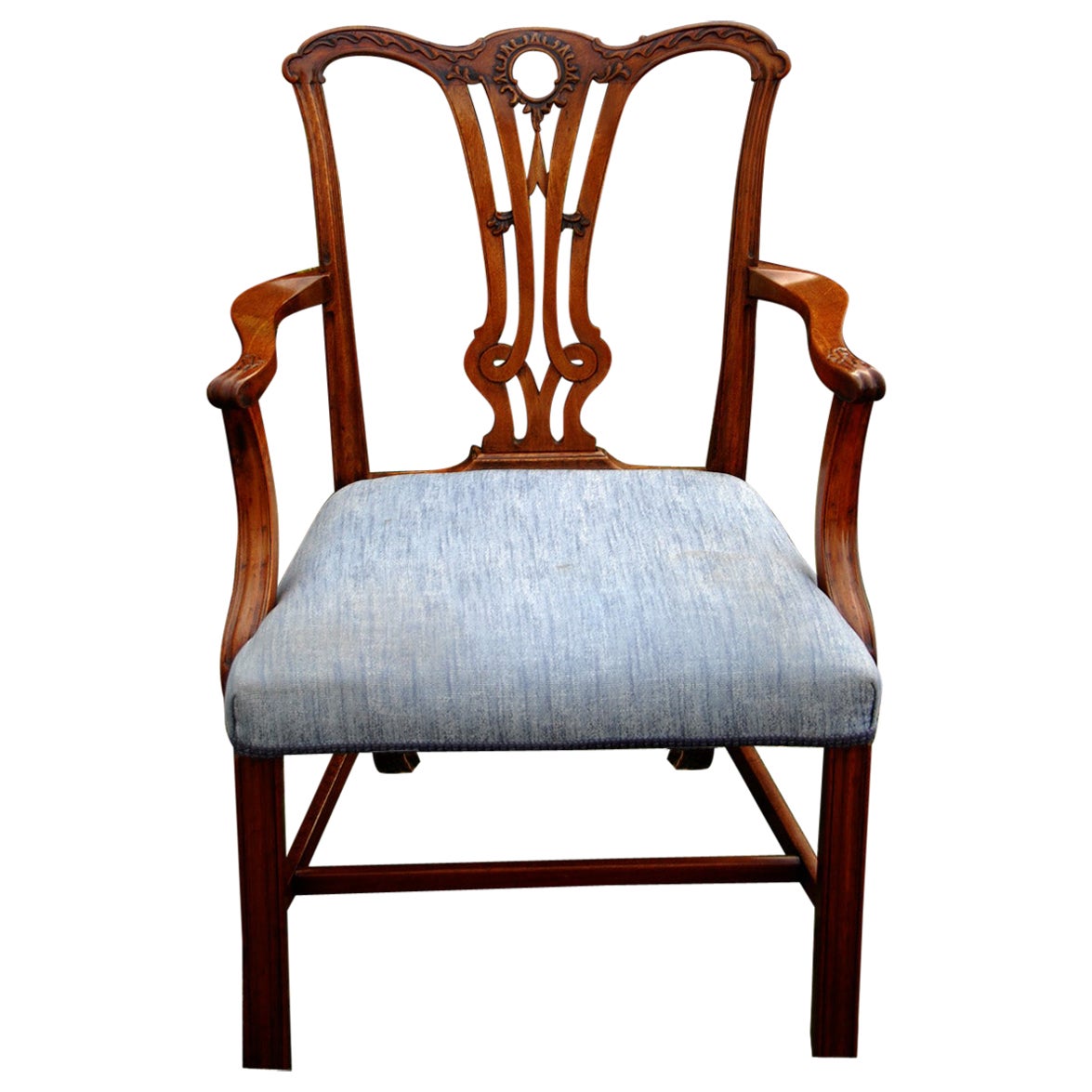 English Georgian Chippendale Mahogany Carved Armchair with Over Upholstered Seat For Sale