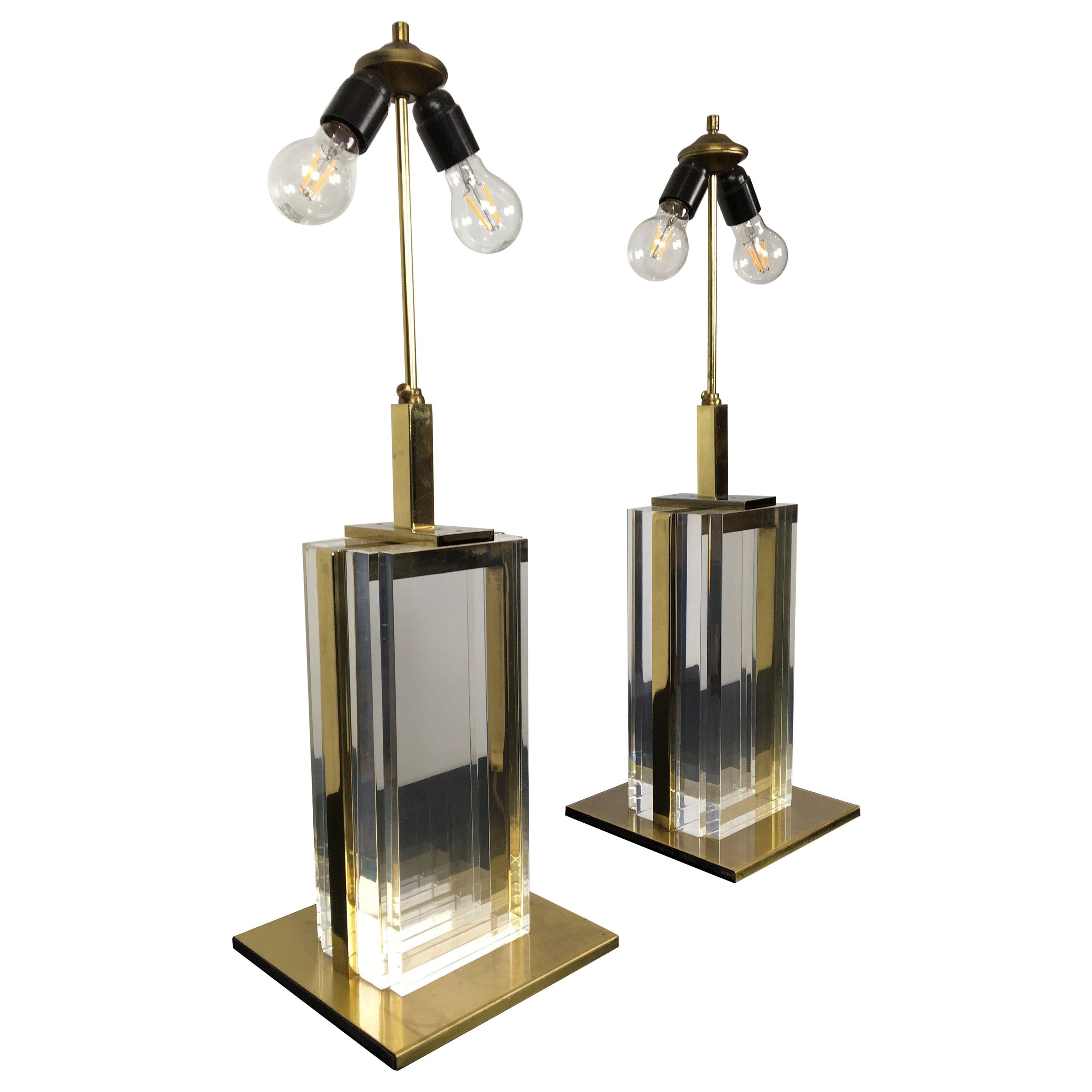 Pair of Belgo Chrome Table Lamps, Lucite and Brass, 1970s For Sale
