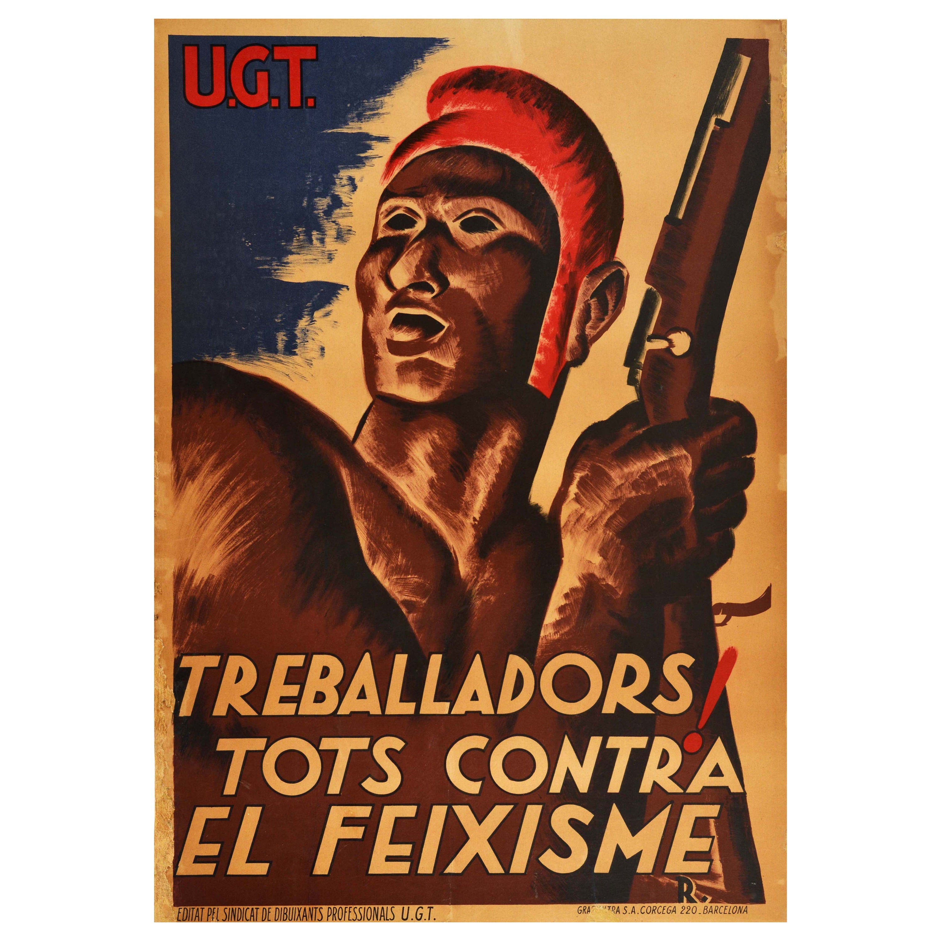 Affiche originale et vintage de la guerre civile espagnole Treballadors ! Workers against Fascism ( Travailleurs contre le fauvisme)