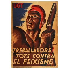 Original Vintage Spanish Civil War Poster Treballadors! Workers Against Fascism