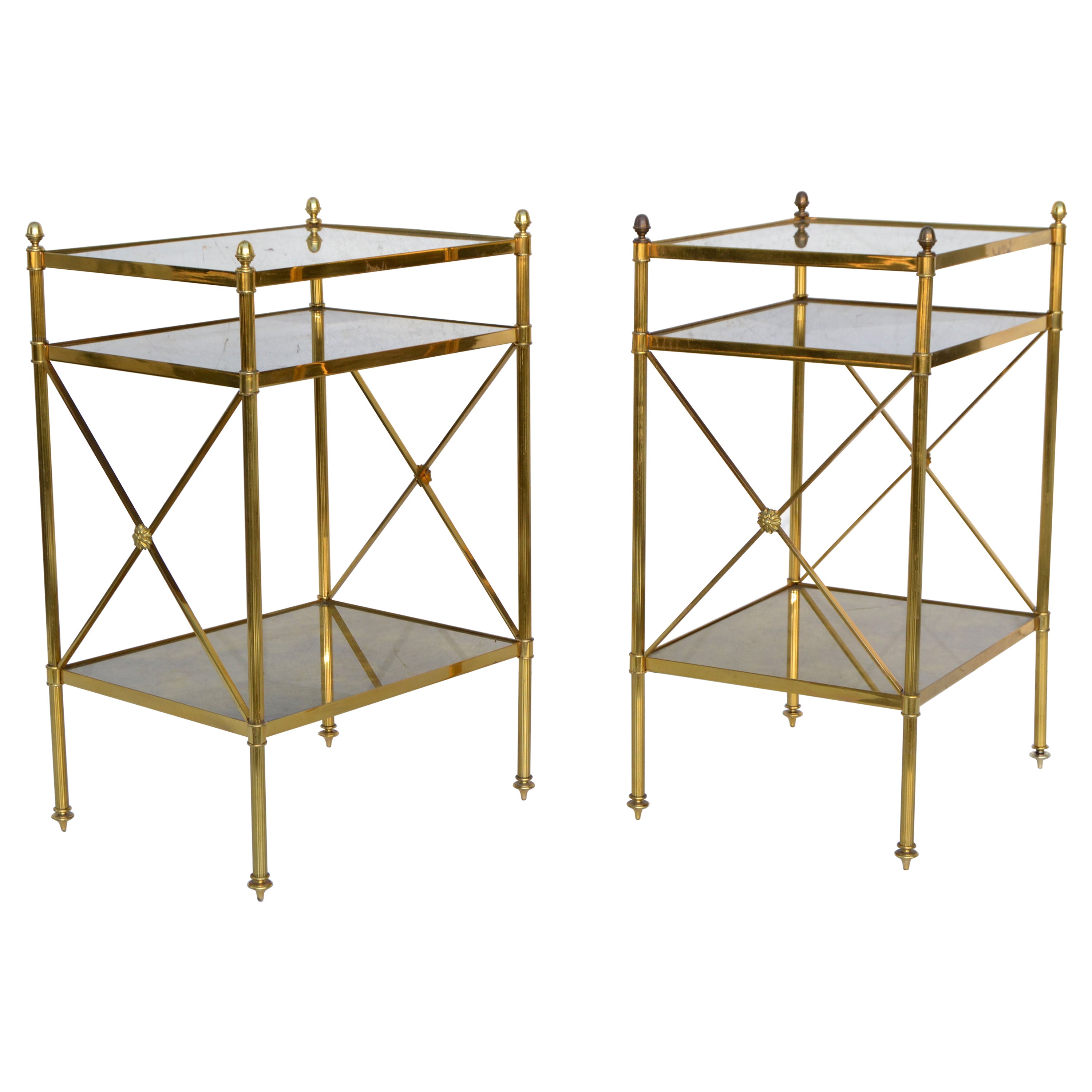 Pair of Maison Baguès French Rectangular 3 Tier Cloudy Glass Brass Side Table 50