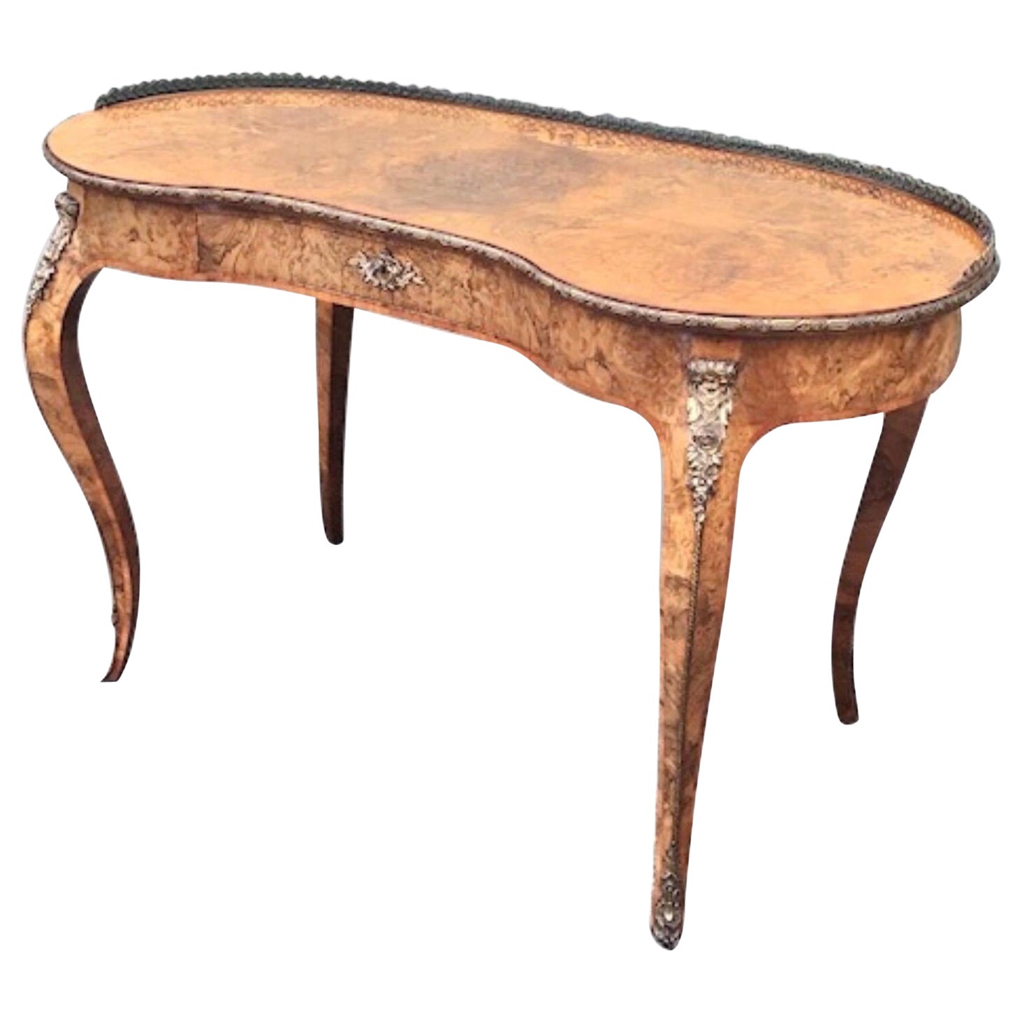 Antique Inlaid and Marquetry Burr Walnut Kidney Shaped Table Desk For Sale