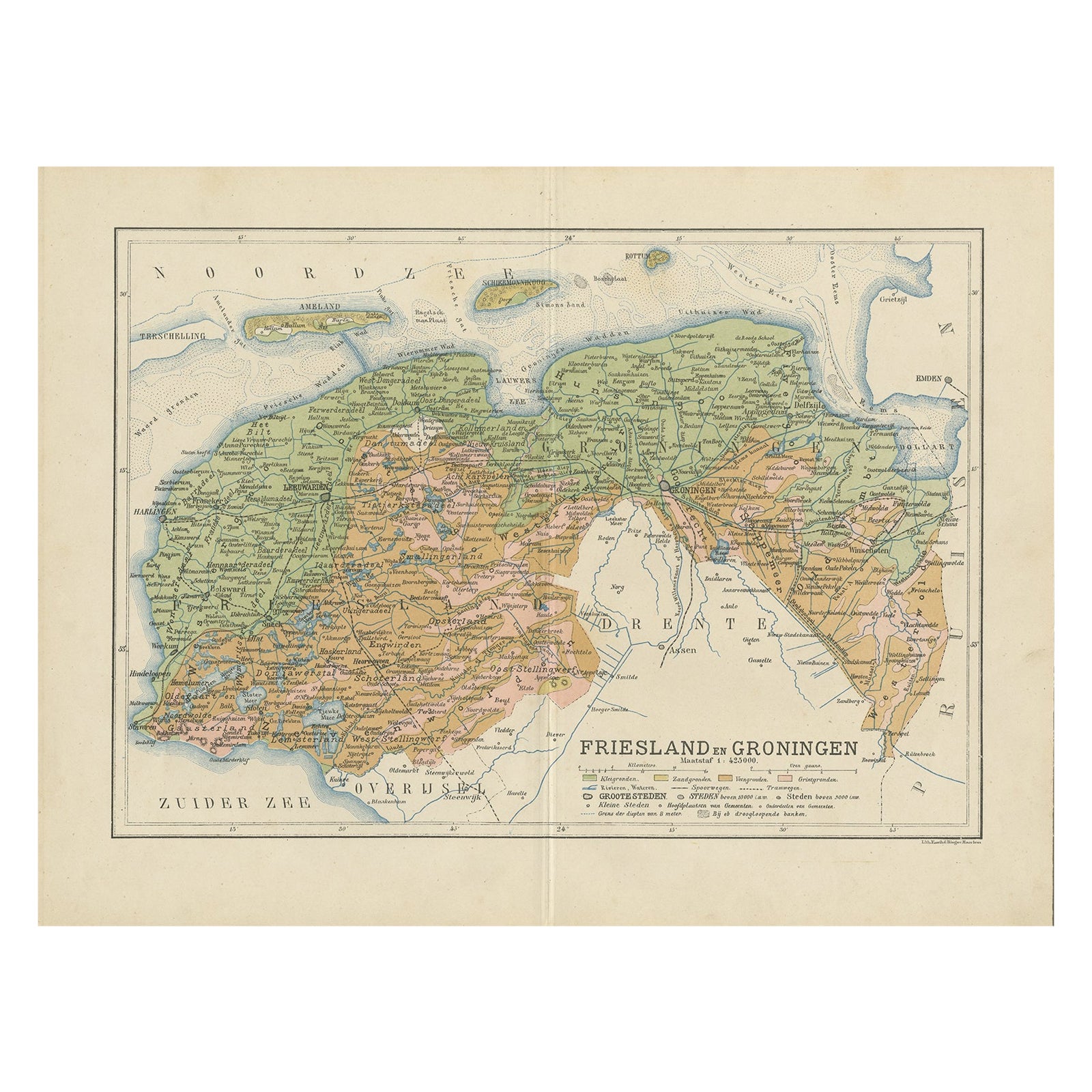 Antique Map of the Dutch Most Northern Provinces Friesland and Groningen, 1883 For Sale