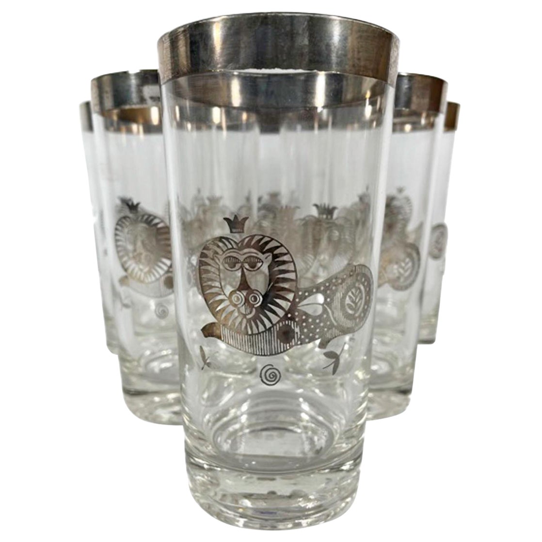 Six Vintage Georges Briard Silver Recumbent Lion Highball Glasses For Sale