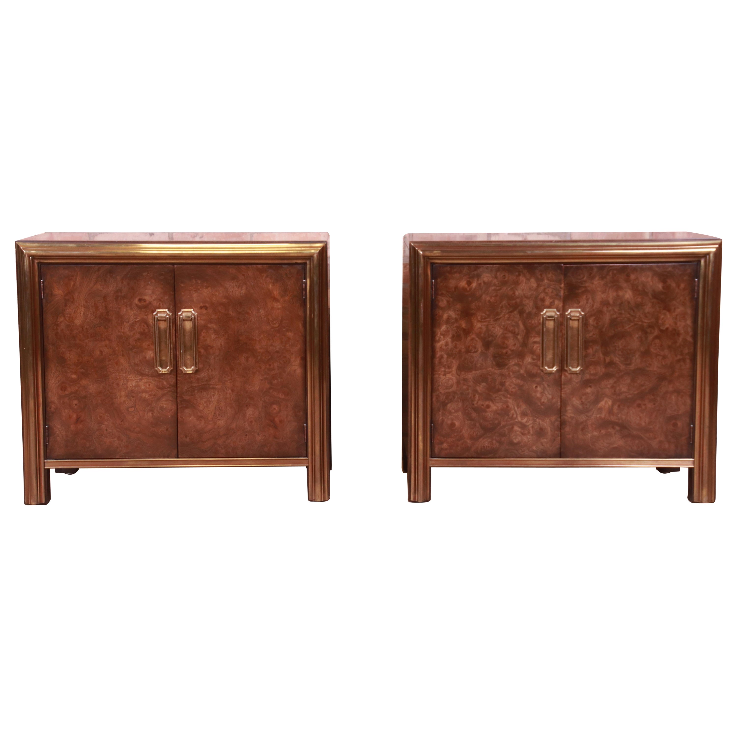Mastercraft Hollywood Regency Burl Wood and Brass Nightstands, 1970s For Sale