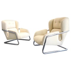 Pair of Extraordinary Italian Boucle Lounge Club Chairs Cantilevered 1970s