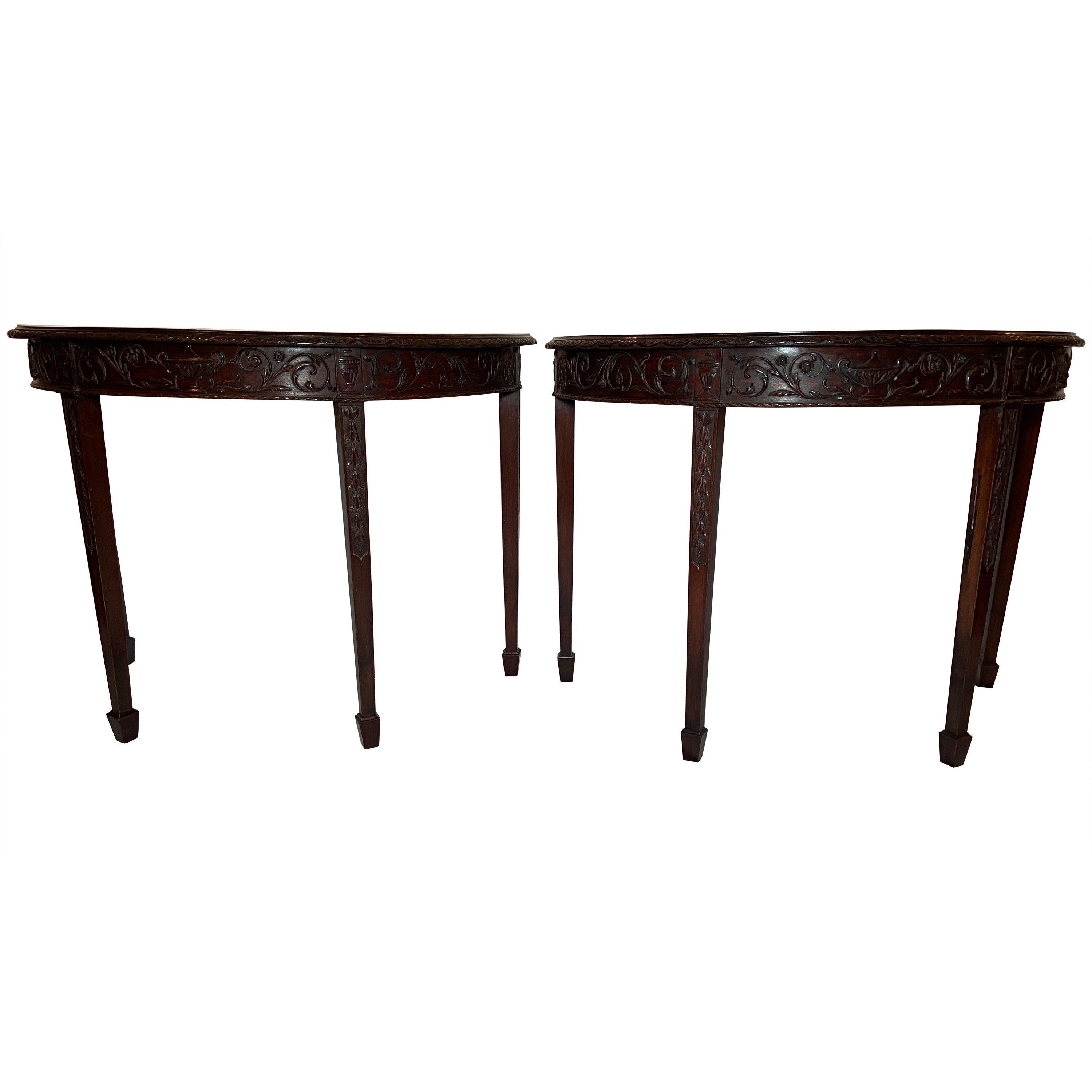 Pair Antique English Inlaid Mahogany Demi-Lune Console Tables, Circa 1880's. For Sale