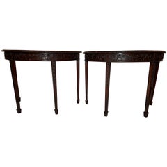 Pair Antique English Inlaid Mahogany Demi-Lune Console Tables, Circa 1880's.