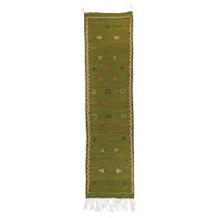 Vintage Tribal Moroccan Handwoven Green Runner, Rug, Carpet