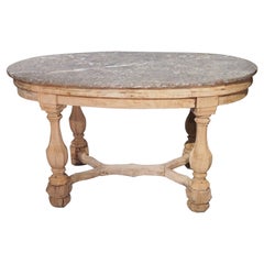 Antique French Bleached Oak Center Table with Marble Top, Circa 1860