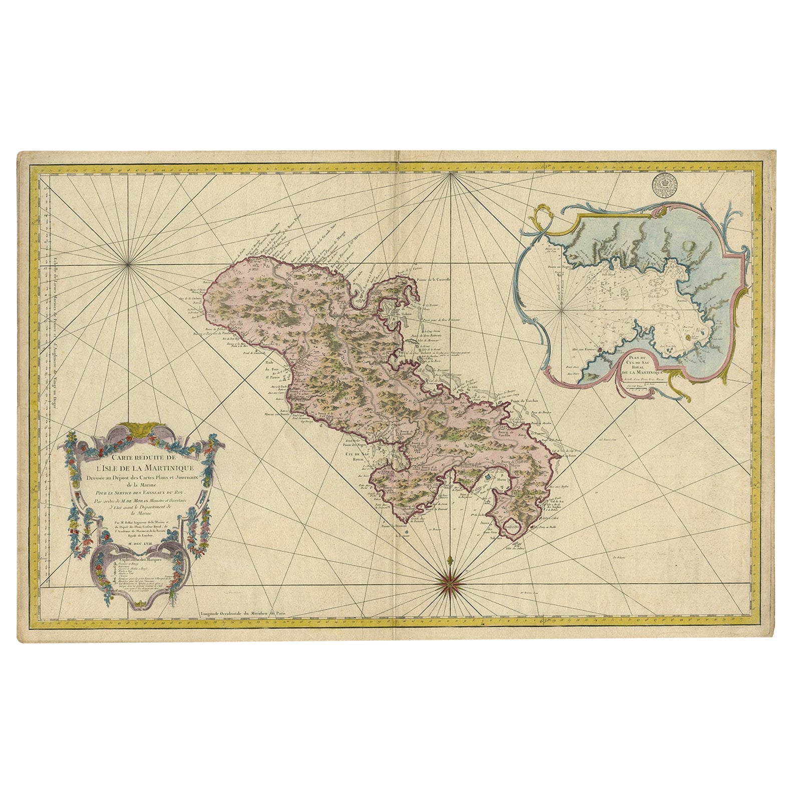 Superbe carte ancienne de Martinique à grande échelle, rare, publiée en 1758