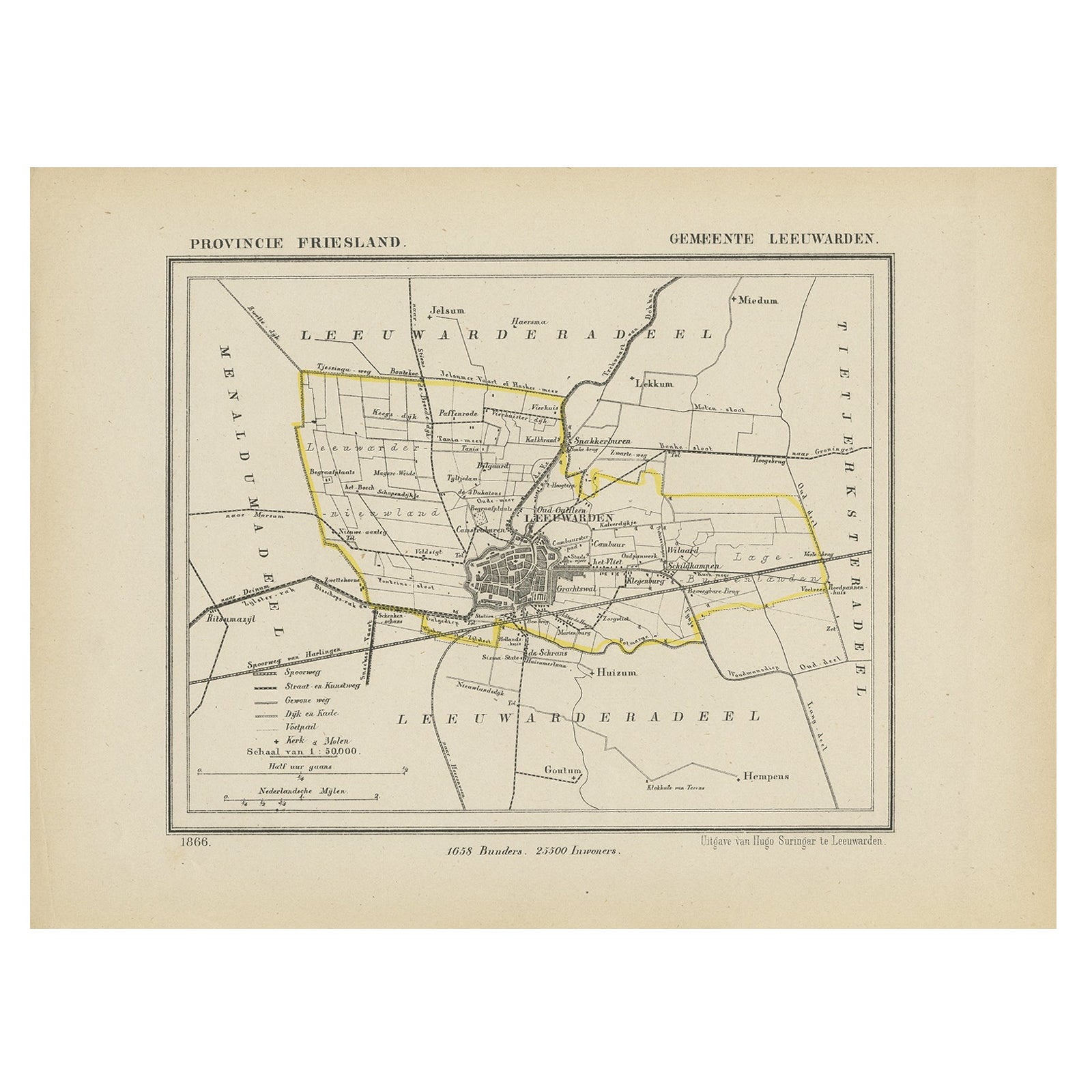 Carte ancienne de Leeuwarden, capitale du Friesland, aux Pays-Bas, 1868
