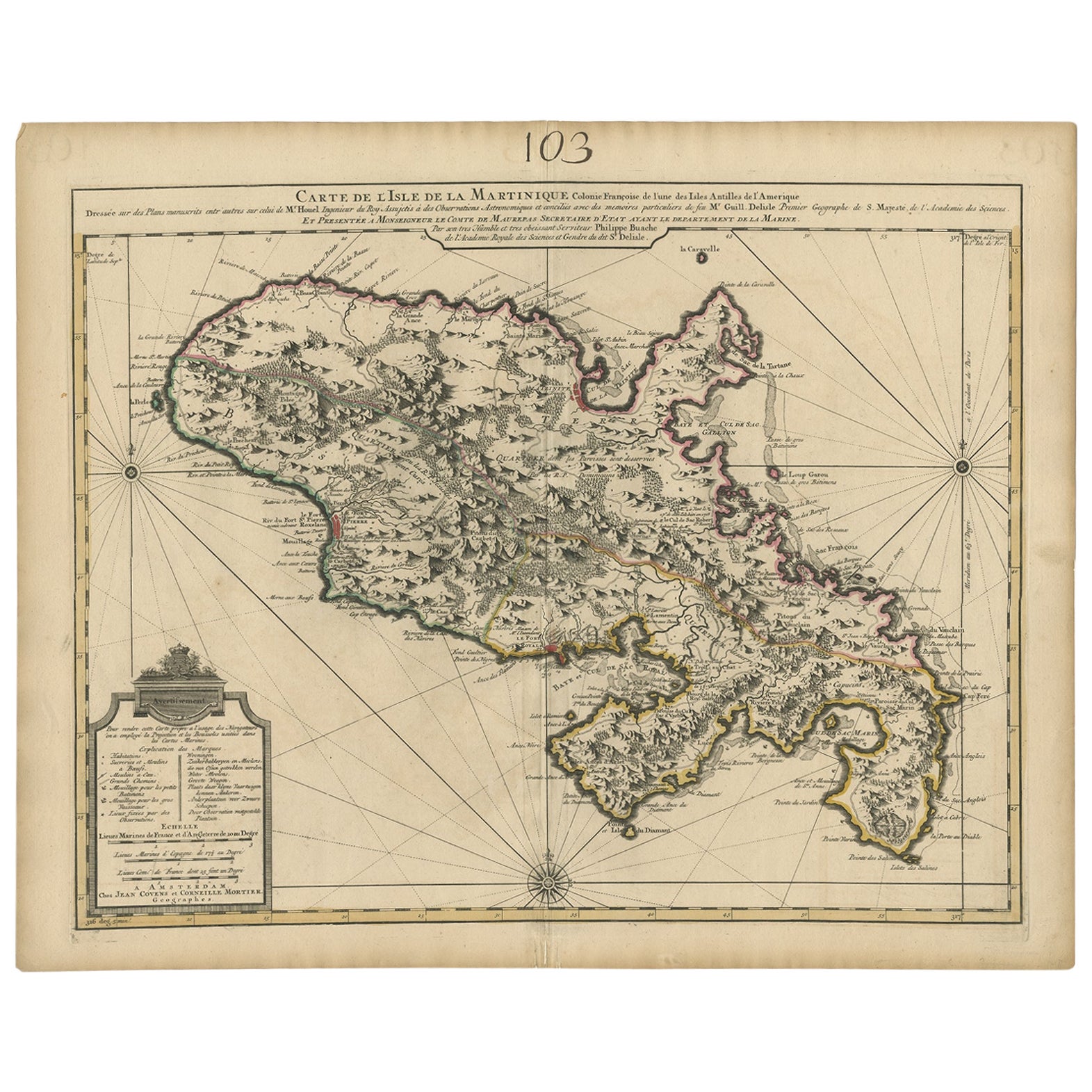 Carte ancienne de Martinique, montrant des routes, des maisons, des plantations de sucre, etc. vers 1750