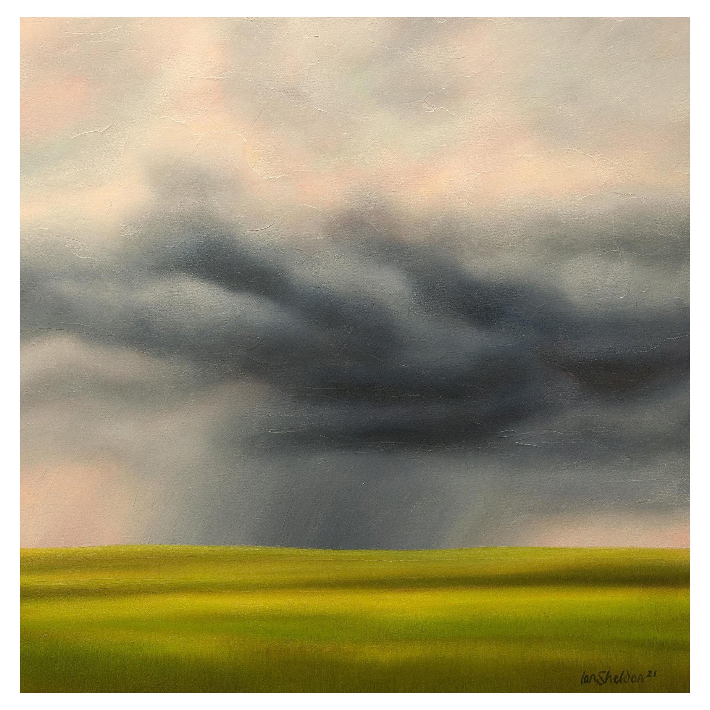 "Prairie Composition" Green & Blue Oil on Canvas Storm Landscape by Ian Sheldon