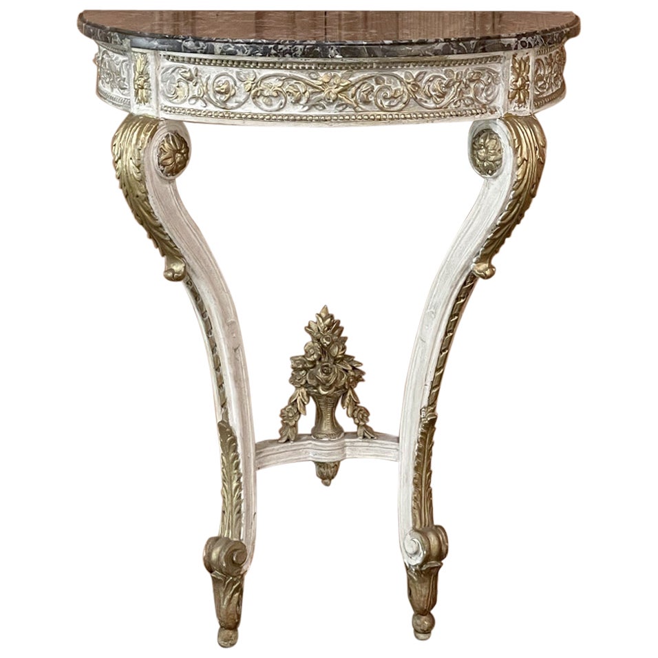 19th Century French Louis XVI Painted Marble Top Demilune Console For Sale