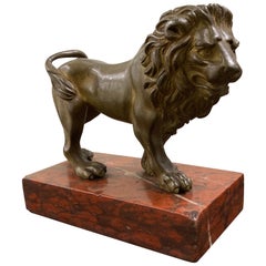 Le lion en bronze français du 18ème siècle sur une base en marbre rouge antique