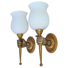 Maison Arlus Bronze Sconce Hand Holding Tulip Opaline Glass Shade France, Pair