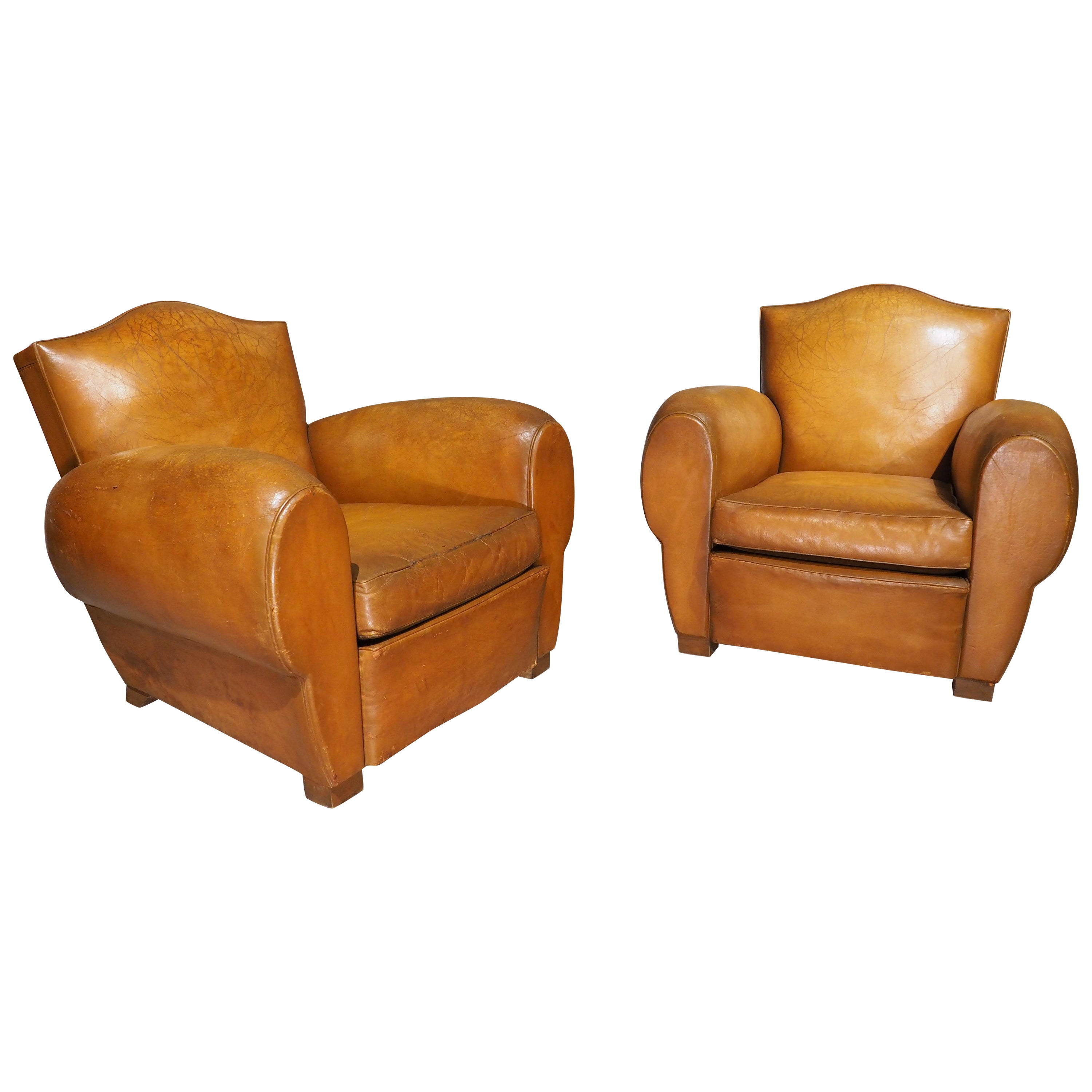 Pair of Large French Leather Club Chairs, Circa 1950