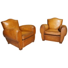 Vintage Pair of Large French Leather Club Chairs, Circa 1950