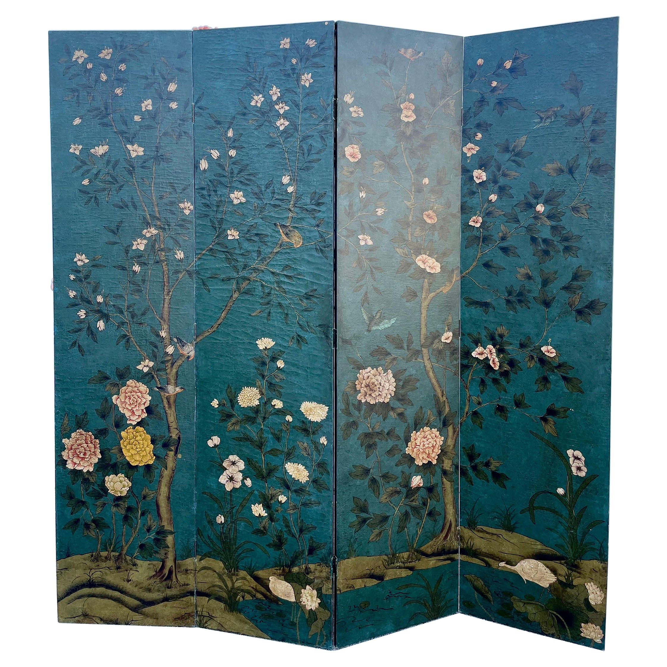 Early 20th C. Hand-Painted Japanese 4-Panel Paper Screen/ Divider