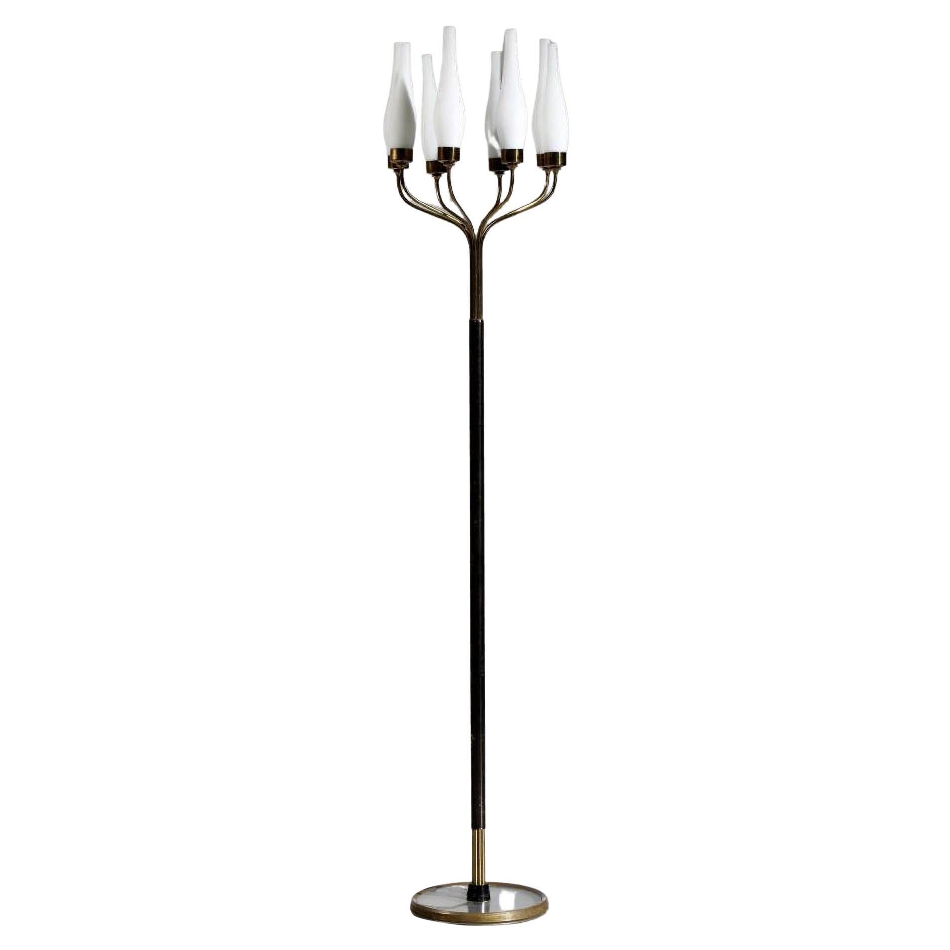 Angelo Lelli Attributed Floor Lamp 8 Glass Elements Metal Brass Arredoluce, 50s