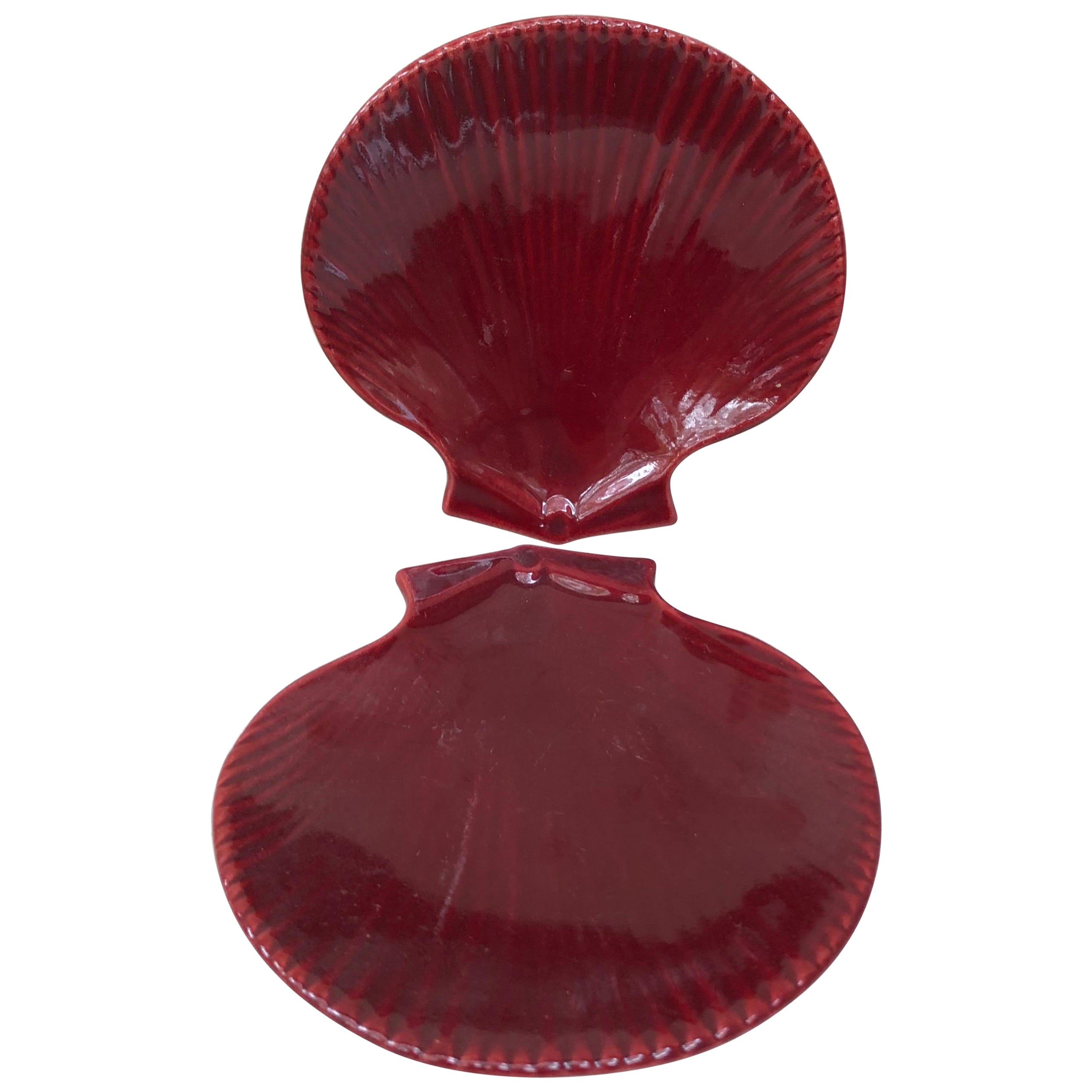 Pair of French Red Majolica Shells Dishes Vallauris, Circa 1950 For Sale