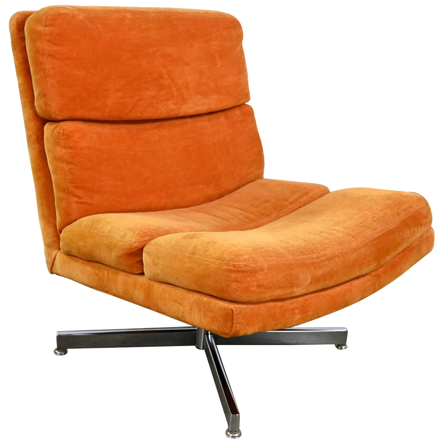 Modern Swivel Slipper Chair Orange Brushed Chenille & 4 Prong Chrome Base For Sale