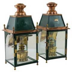 Antique Pair of Large Early 20th Century French Copper and Brass Railroad Lanterns
