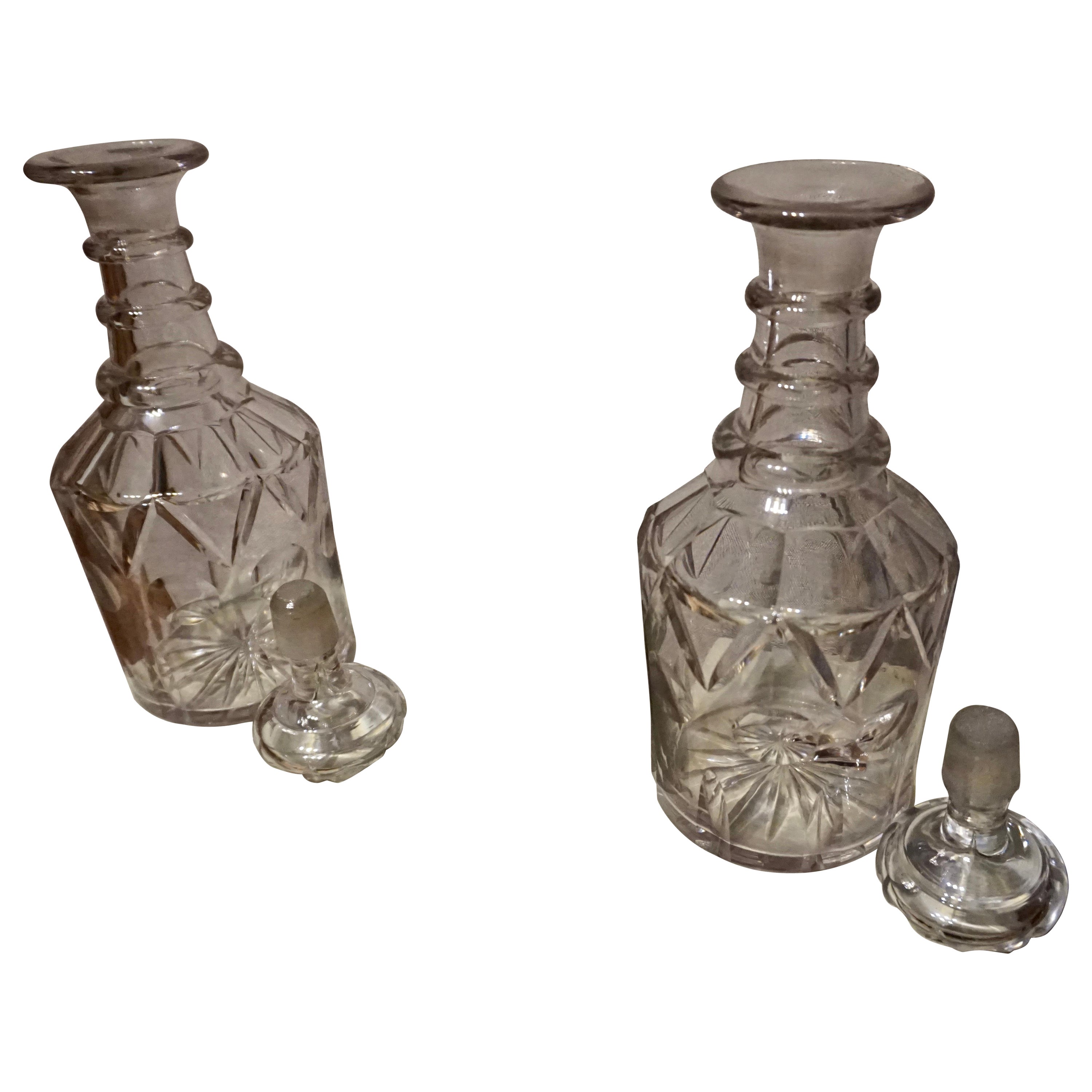 Pair of Three Ringed Distinguished Georgian Cut Glass Decanters
