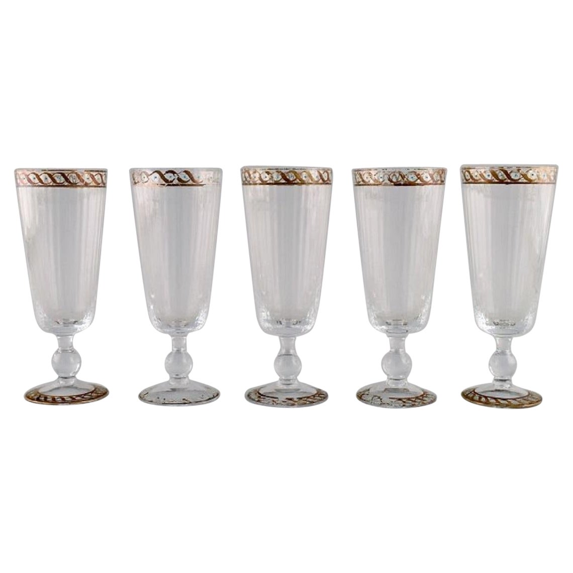 Nason & Moretti, Murano, Five Wine Glasses with Turquoise and Gold Decoration For Sale