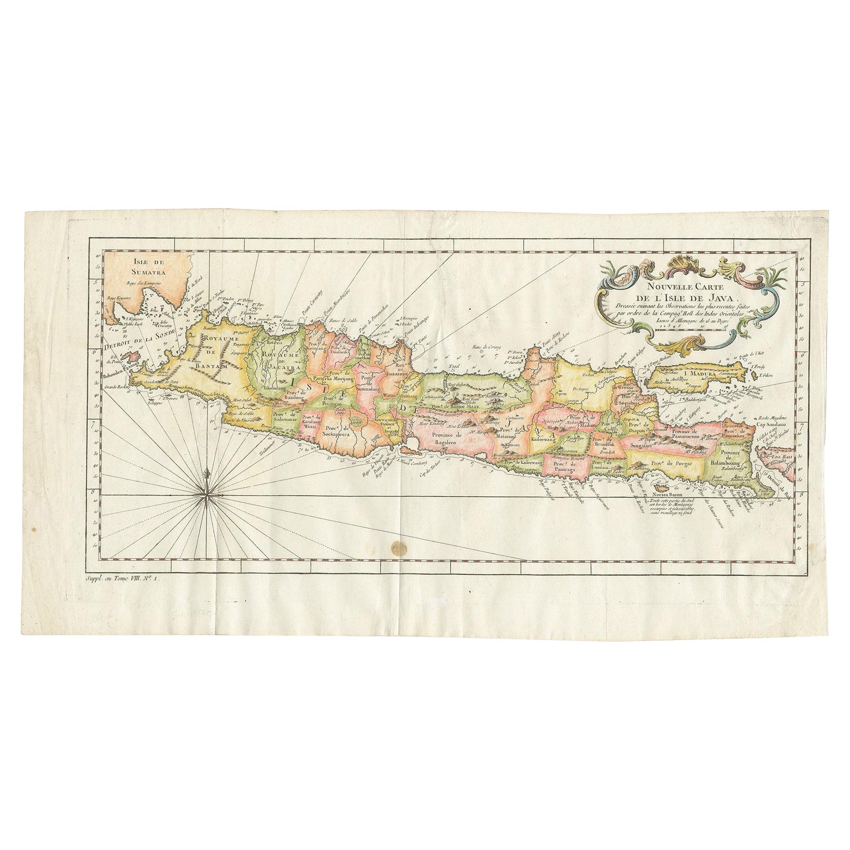 Carte ancienne colorée de l'île de Java et de Madura, Indonésie, vers 1760