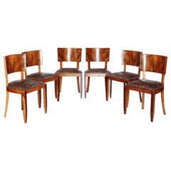 1930s Art Deco Leather and Wood Dining Chairs, Set of Six
