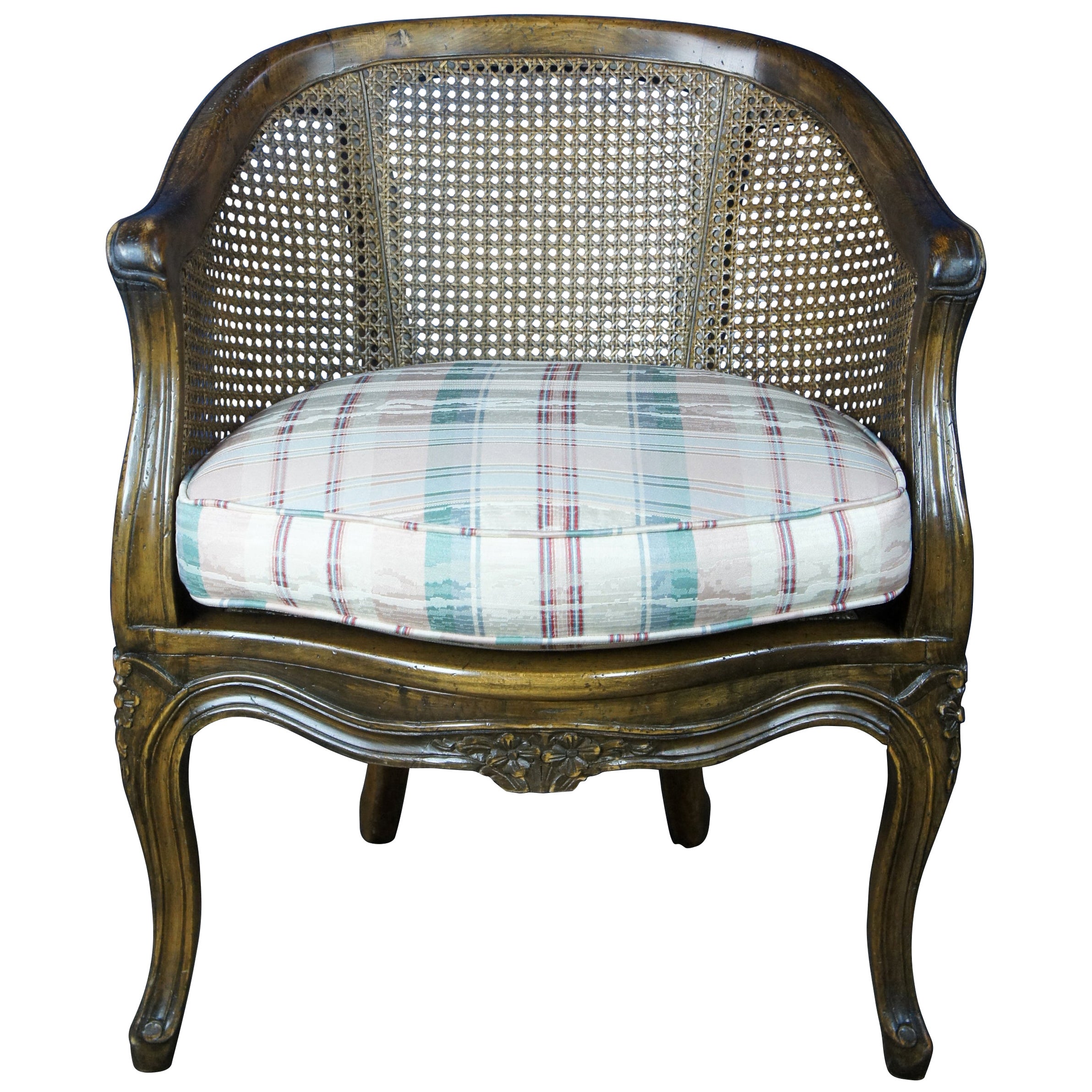 Trouvailles French Louis XVI Caned Walnut Serpentine Bergere Club Lounge Chair