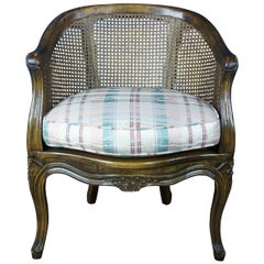 Trouvailles French Louis XVI Caned Walnut Serpentine Bergere Club Lounge Chair