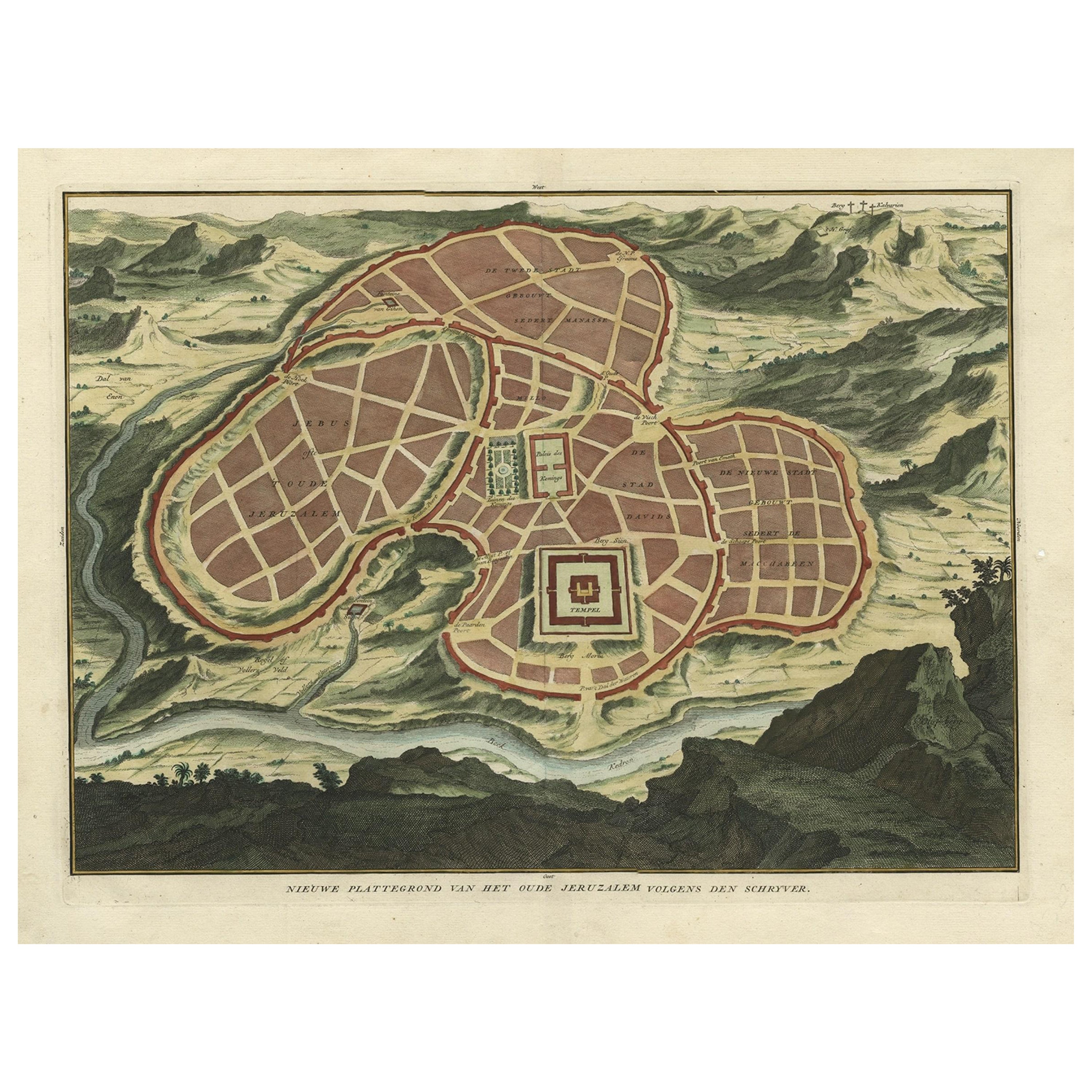 Antique Map of Ancient Jerusalem, depicting The Temple of Solomon, c.1725 For Sale