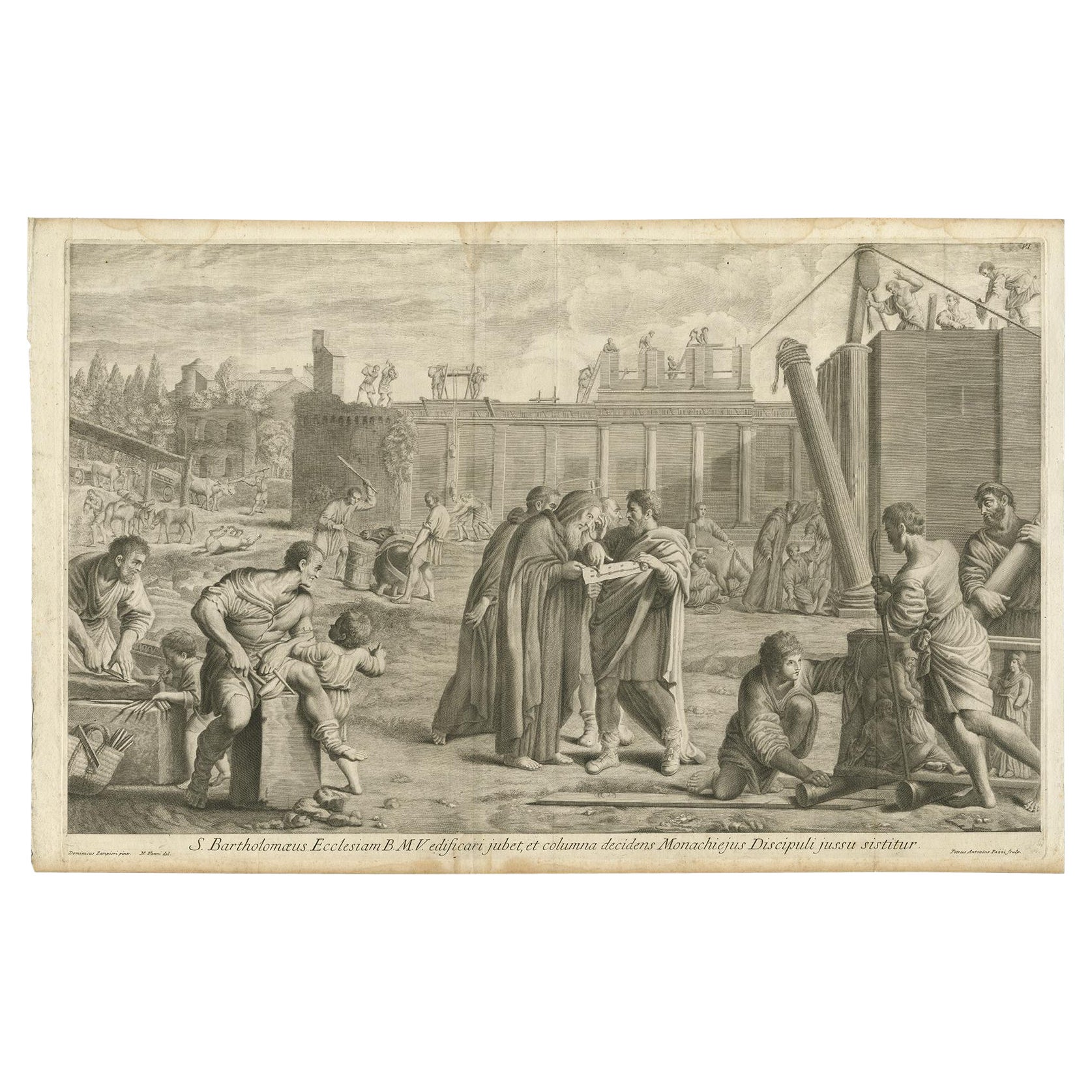 Rare Copper Engraved Plate of Bartholomew the Apostle Building a Temple, 1762 For Sale