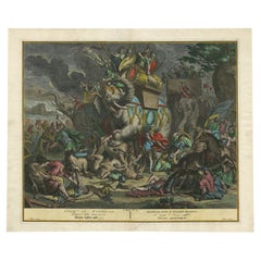 Antique Old Engraving of Eleazer Killing a War Elephant, Title in Six Languages, 1728