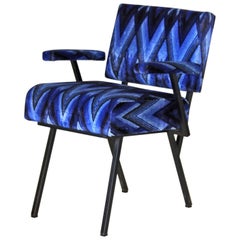 1960s Vintage Black and Blue Armchair  with Black Iron Frame