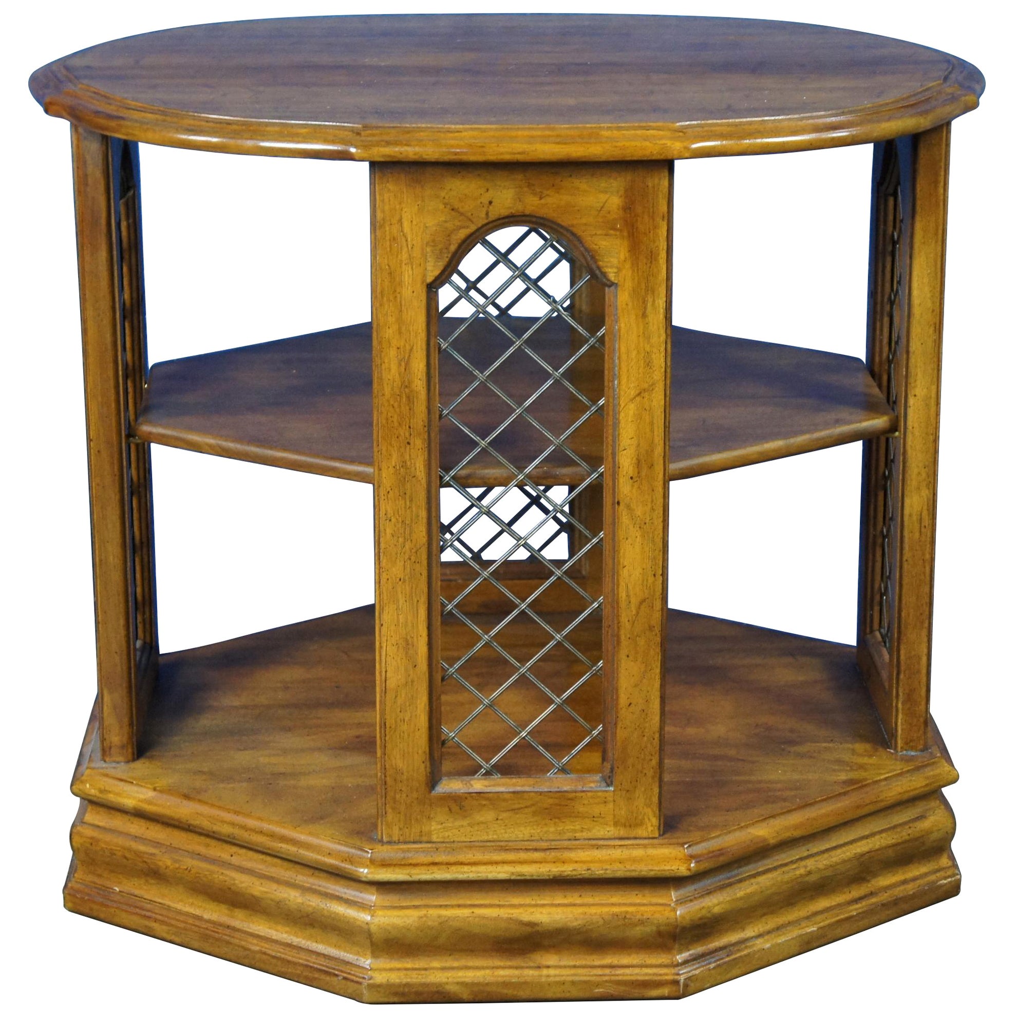 1989 Davis Cabinet Walnut 3 Tiered Octagonal Oval Side End Book Table Lattice For Sale