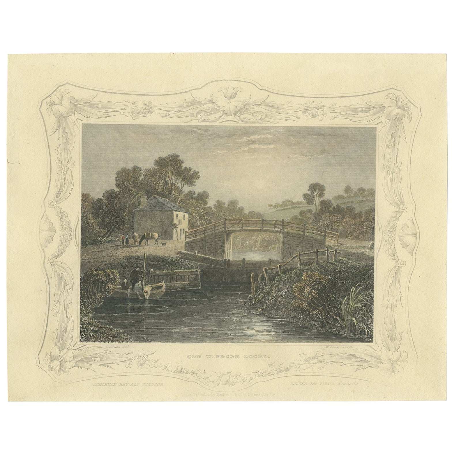 Ancienne estampe de la vieille serrure de Windsor sur la Tamise, Angleterre, près du Berkshire, 1834