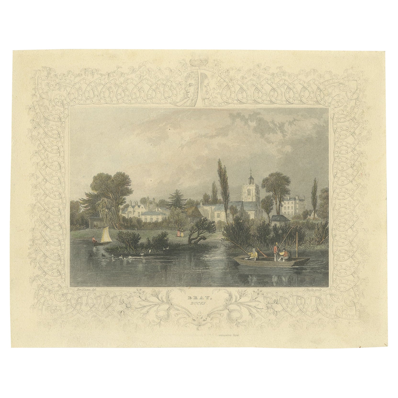 Old Print of View of Bray on Thames in the County of Berkshire, England, ca.1834 For Sale