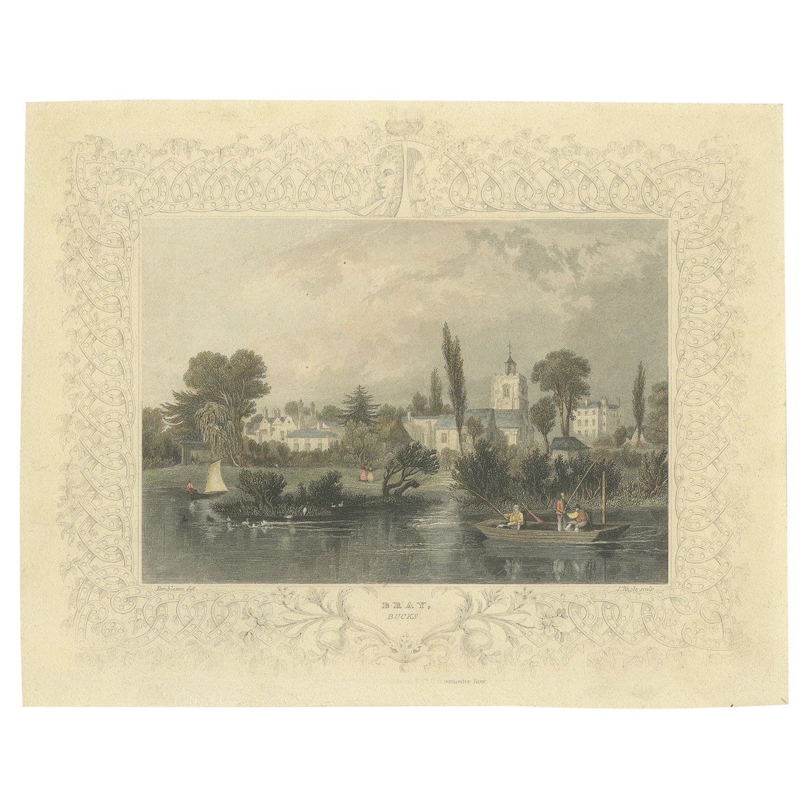 Stampa antica di Veduta di Bray on Thames nella contea di Berkshire, Inghilterra, 1834 ca.