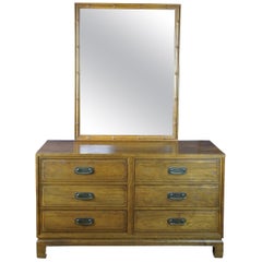 Vintage Davis Cabinet Co Teakwood Chinoiserie Mirrored Double Dresser Chest of Drawers