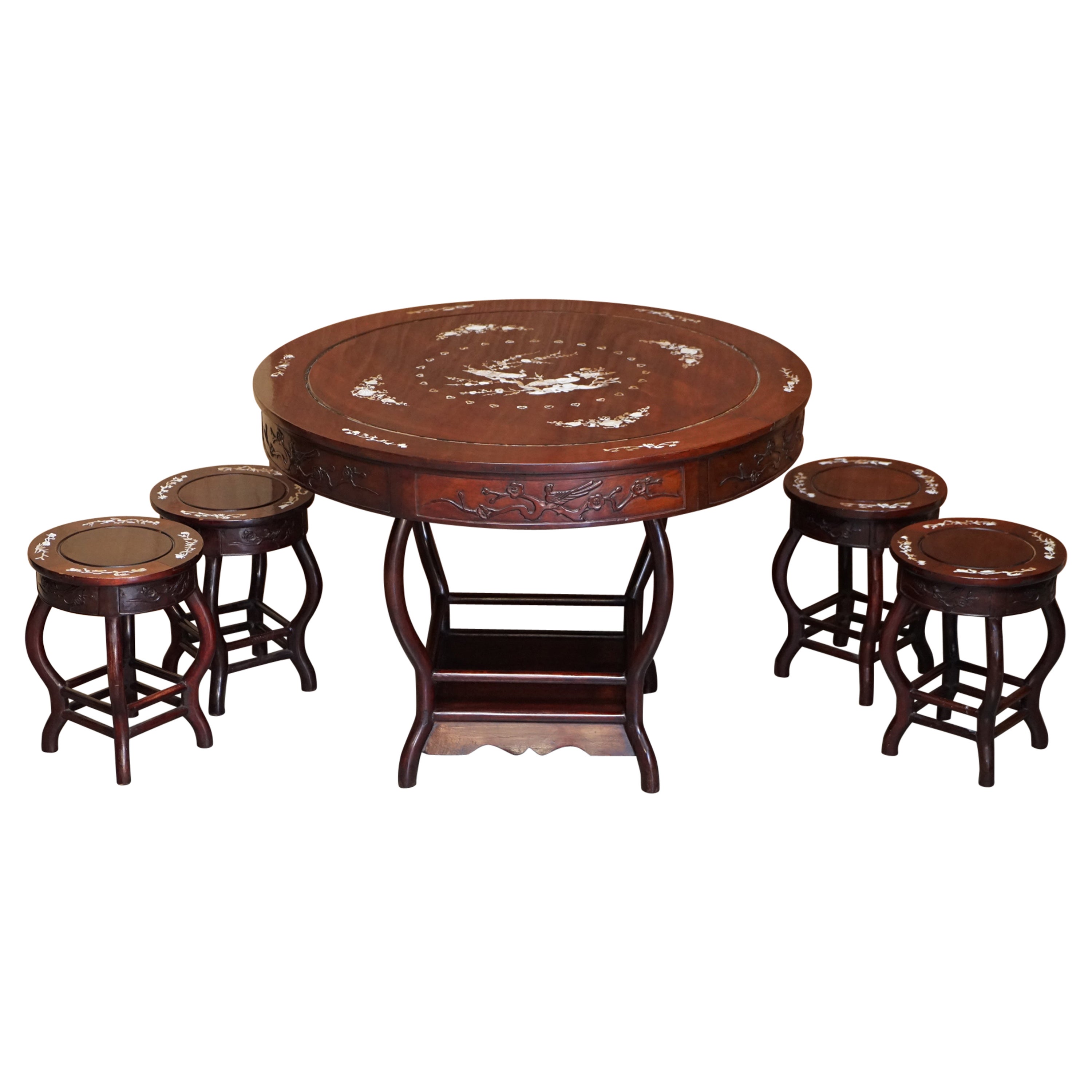 Chinese Republic Circa 1930's Hardwood Mother of Pearl Inlaid Table & Stools For Sale