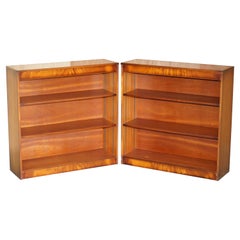 Pair of Shaws of London Flamed Hardwood Dwarf Open Library Bookcases Part Suite